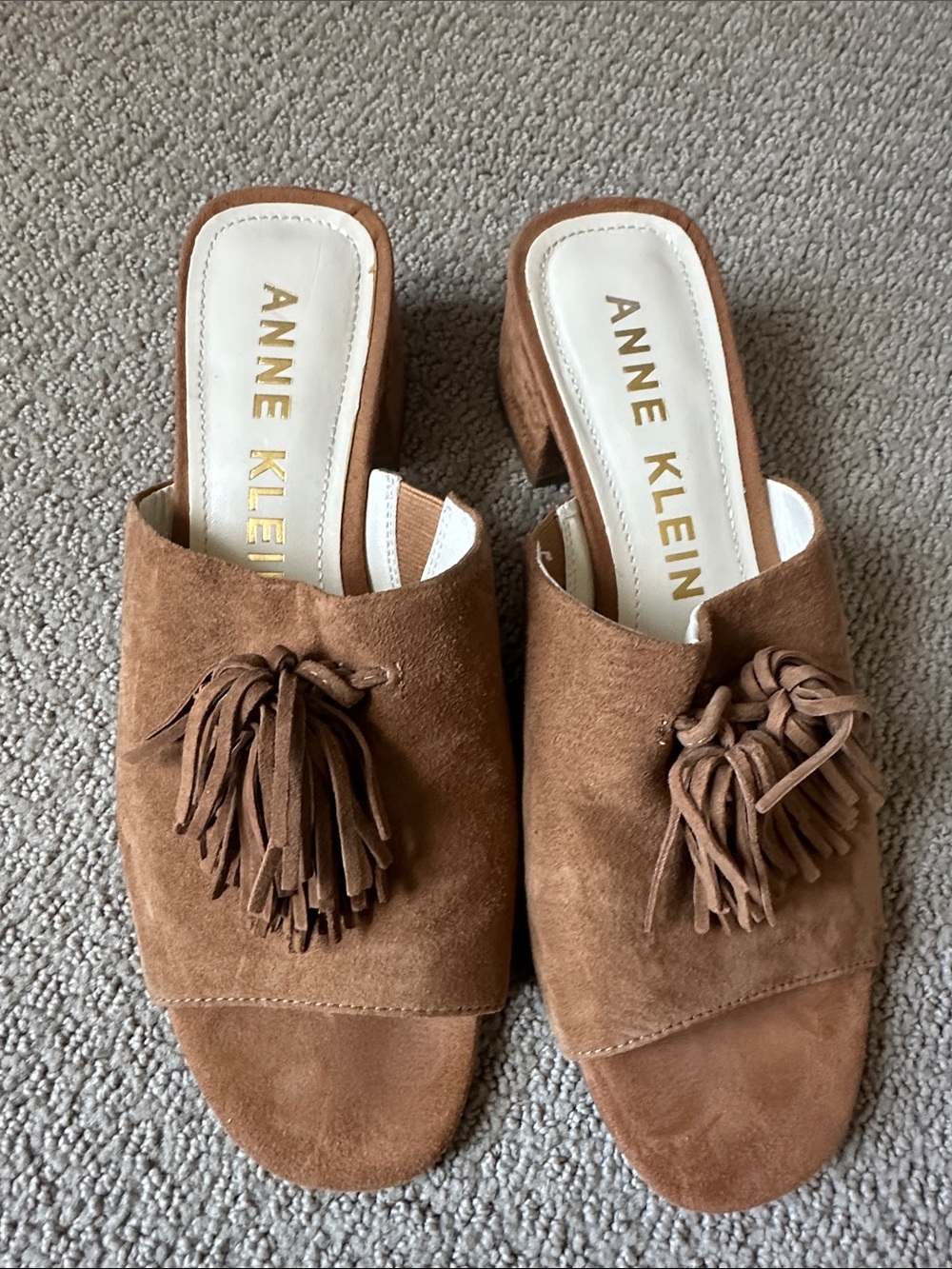 Anne Klein Tan Suede Tassel Block Heel Mules